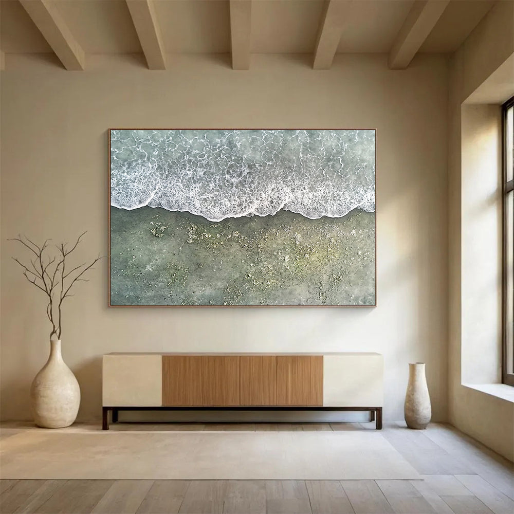 Aerial View of Foamy Waves on Sandy Beach - Realistic Coastal Painting On Canvas HB0487