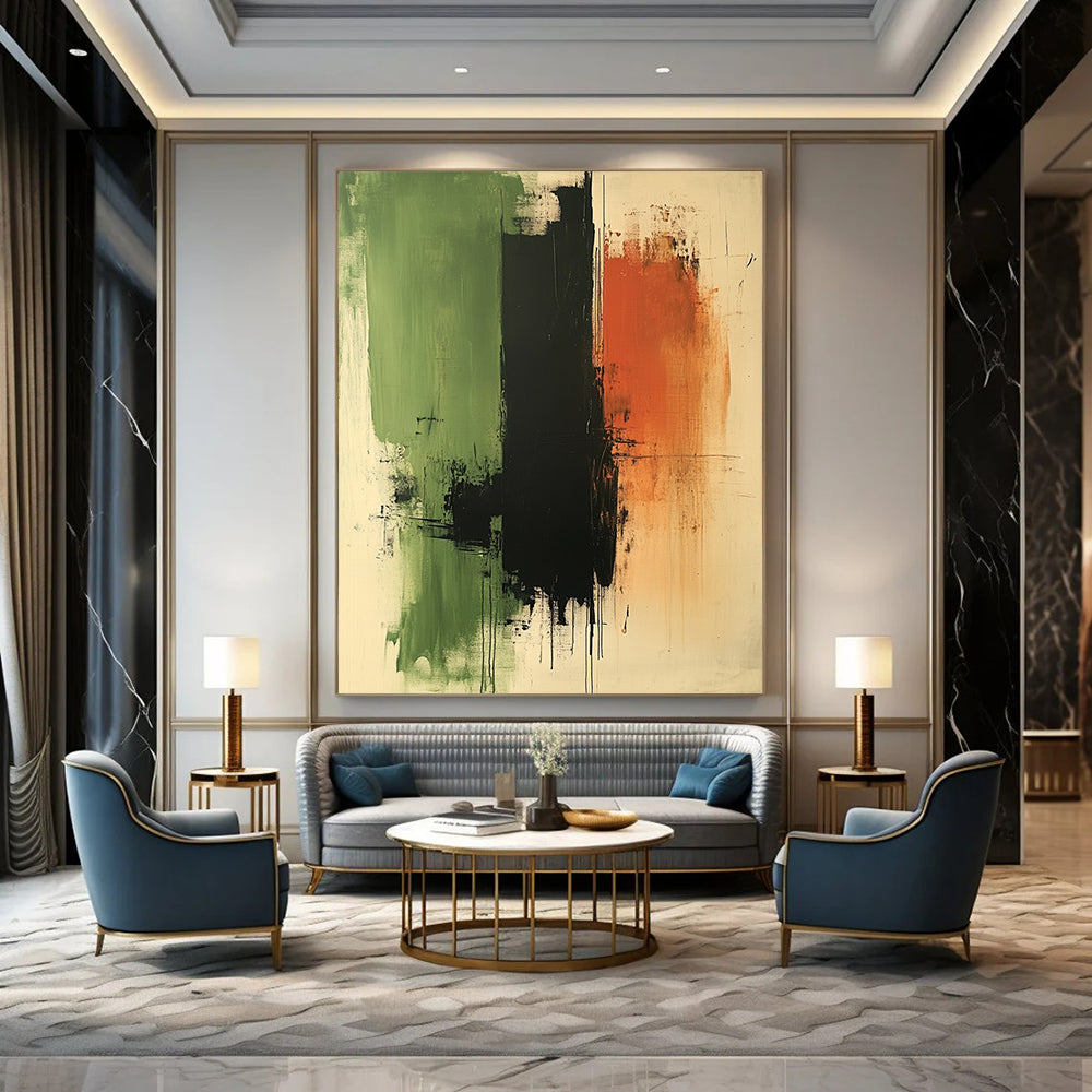 Contemporary abstract artwork featuring calming green black and brown tones oil on paper with canvas texture ideal for meditative spaces DLZ1328