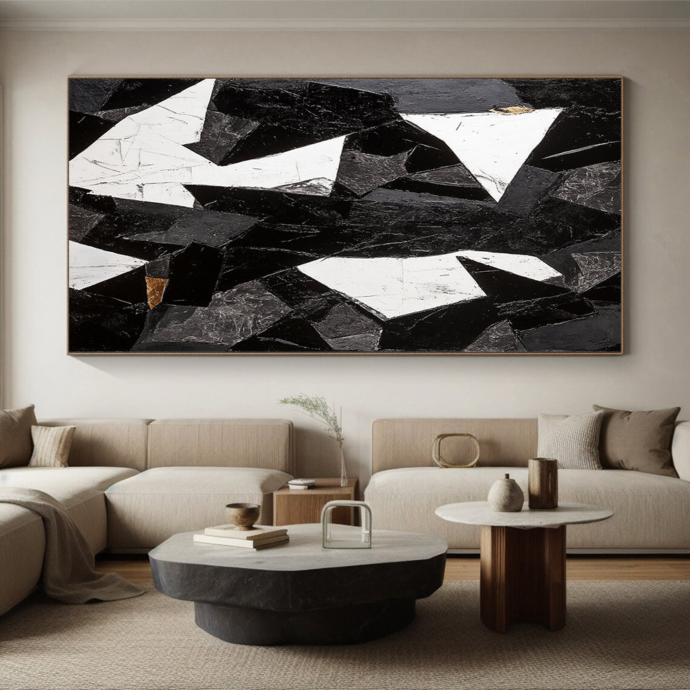 Black, White, Gray and Gold Abstract Shards "Broken Harmony" Painting On Canvas HB343