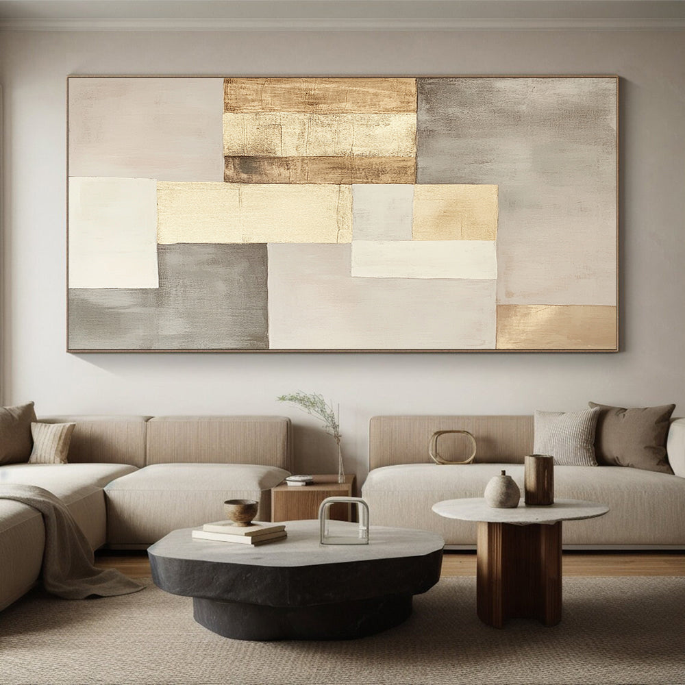 Beige, Gray & Gold Geometric Squares - “Elegant Neutral Grid” Painting On Canvas HB206