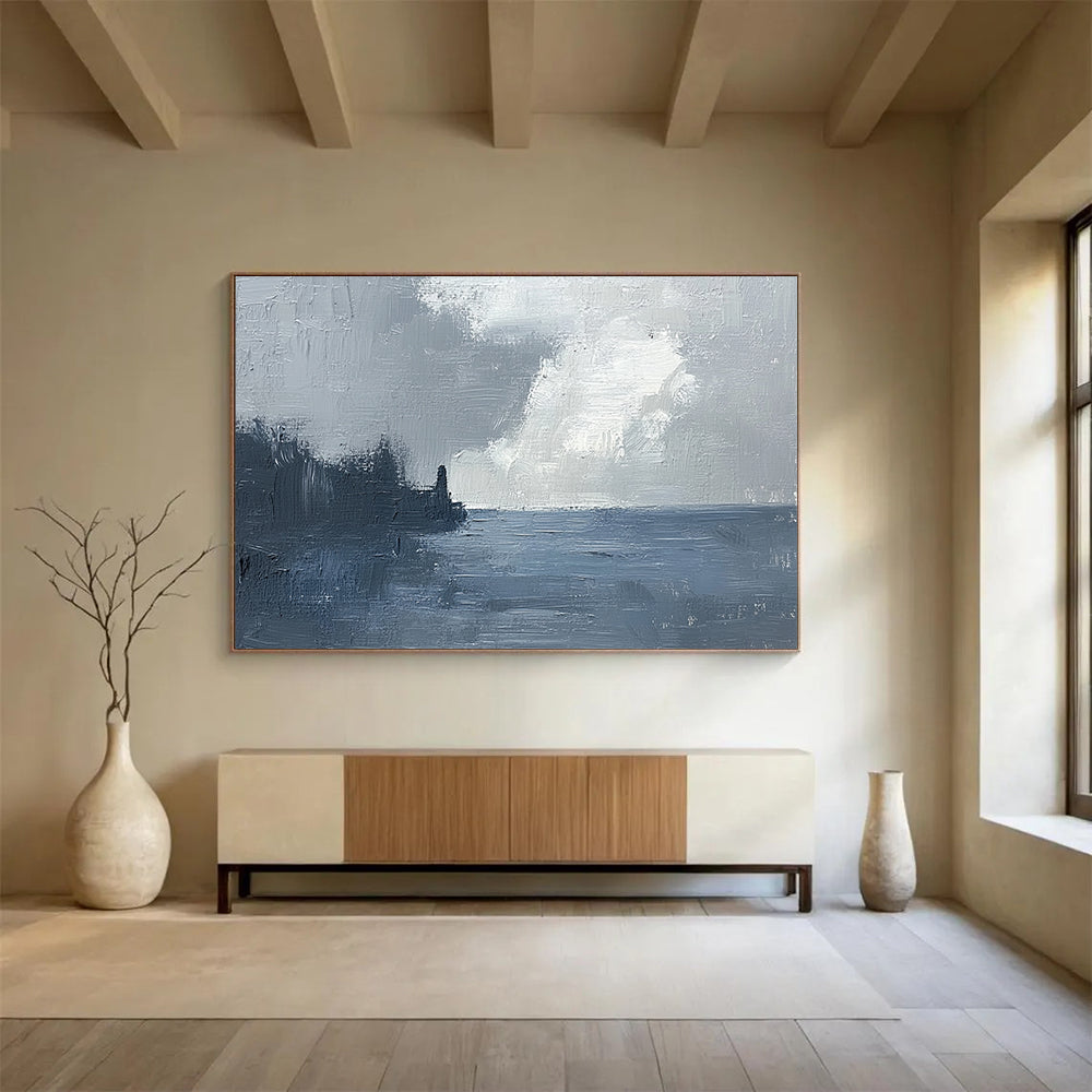 “Coastal Mist” - Muted grays, whites, deep blues; Stormy sky, sea, dark coastline; Atmospheric Seascape Painting On Canvas HB1148
