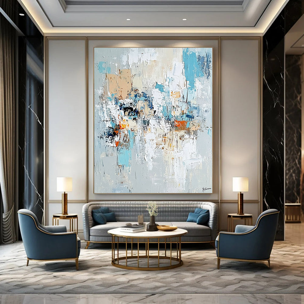 Contemporary hand-painted abstract art featuring chaotic figures with loose gestural lines pale aquamarine and rust tones on a light gray background. DLZ0980