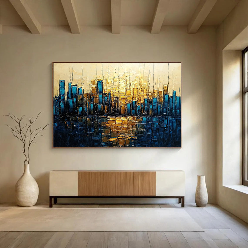 “Golden - Blue City Reflection” - Gold, Blue, Cityscape with Water Mirroring HB1136