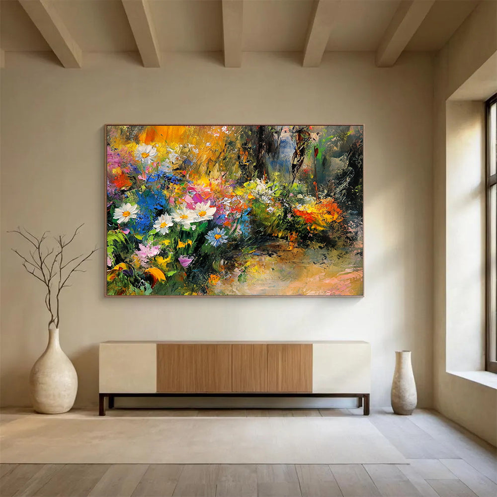 “Colorful Wildflower Garden” - Yellows, Whites, Blues, Pinks, Flower Field - Impressionist Oil Painting HB1567