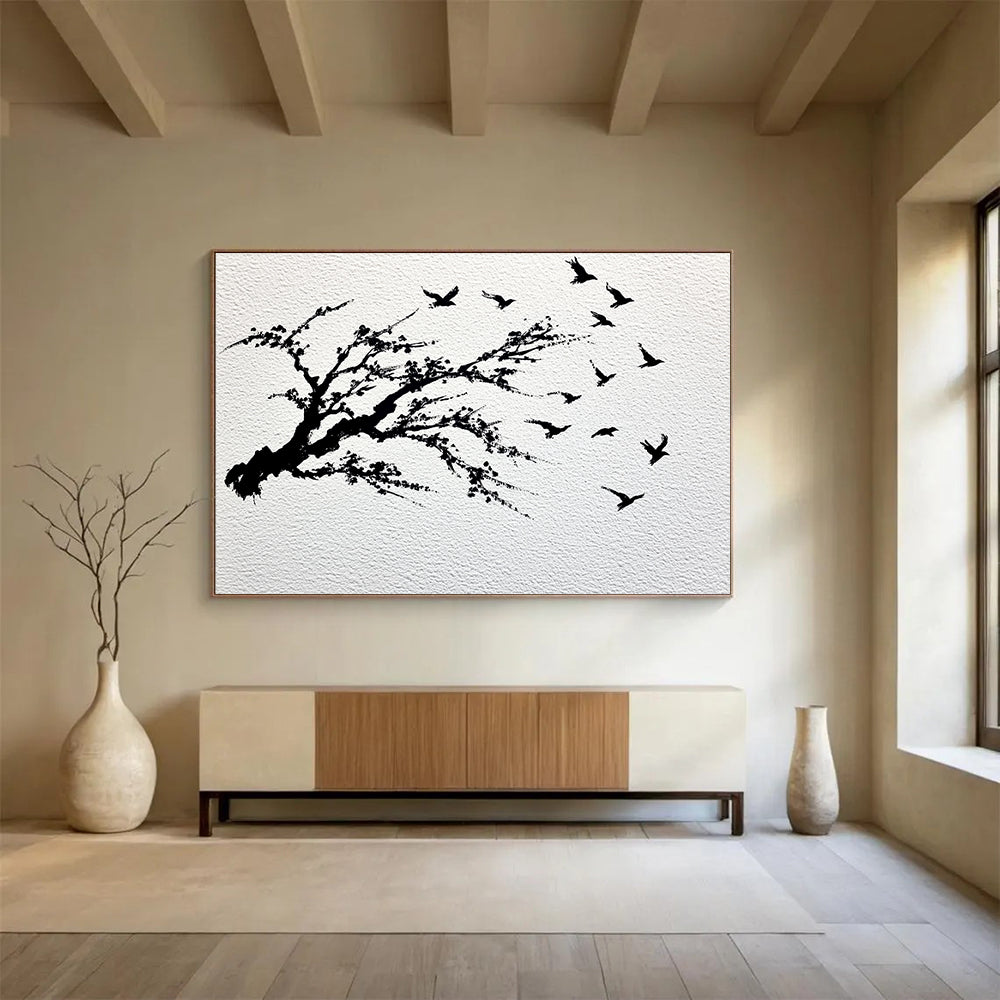 “Black - White Plum Blossom & Birds” - Black, White, Minimalist Nature Silhouettes - Ink Painting HB1631