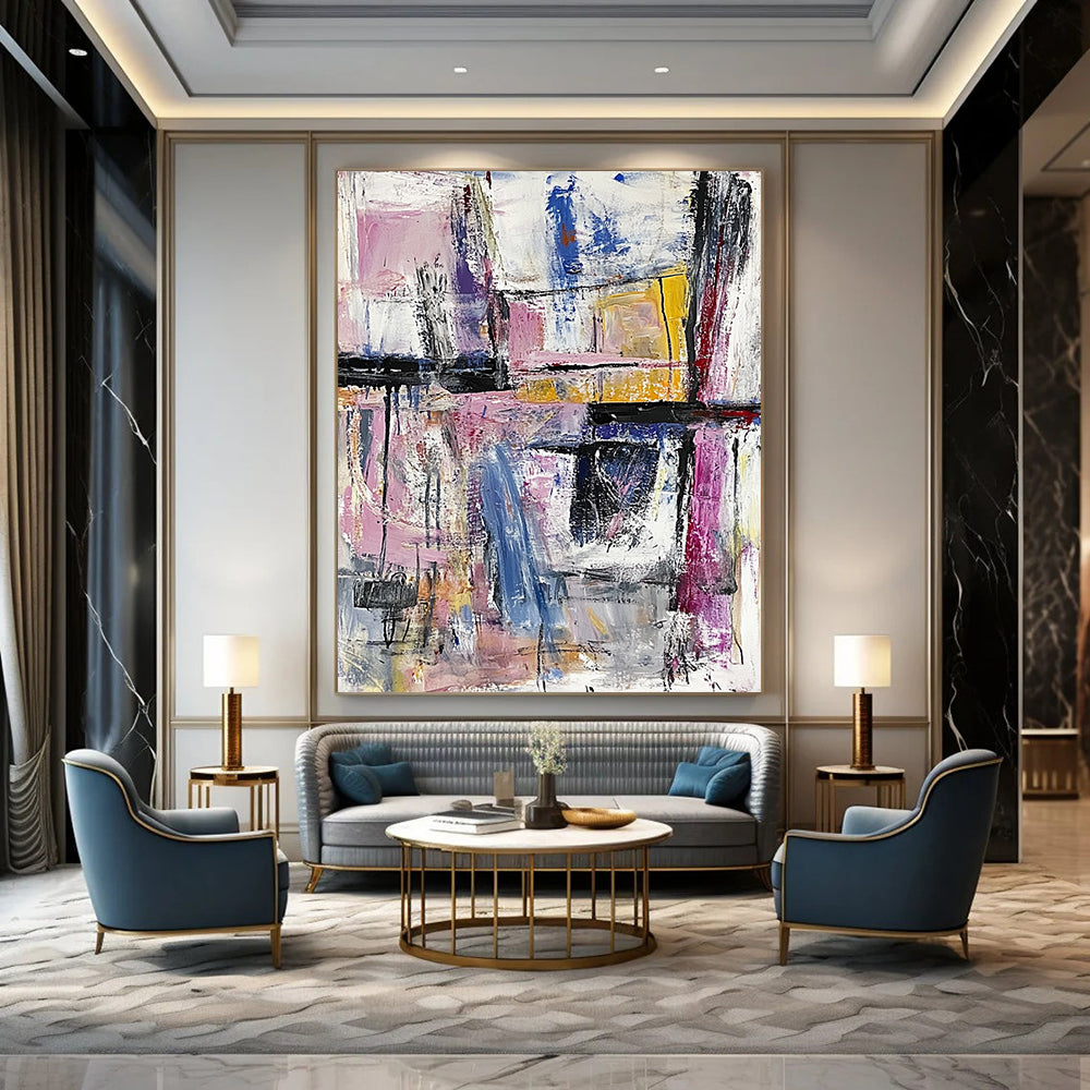 Contemporary hand-painted abstract artwork featuring an expressive urban landscape with bold brushstrokes and a pastel palette creating rich textures. DLZ0967