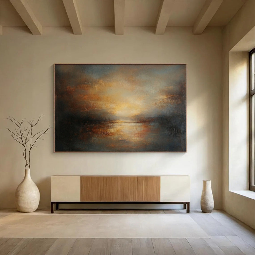 “Rustic Lake at Dusk” - Browns, Oranges, Yellows, Greys, Lake Sunset - Abstract Oil Painting HB1574
