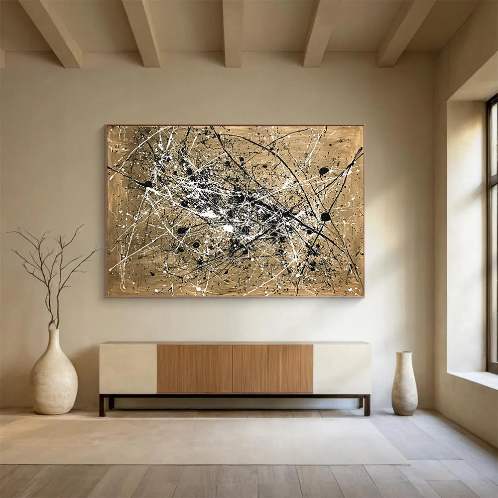 “Splattered Black and White on Gold” - Gold, Black, White, Abstract Splatter Art - Acrylic Painting HB1655
