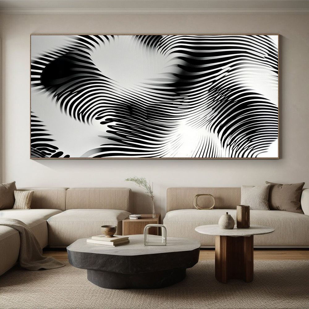 Black and White Wavy Lines "Optical Flow" Painting On Canvas HB263