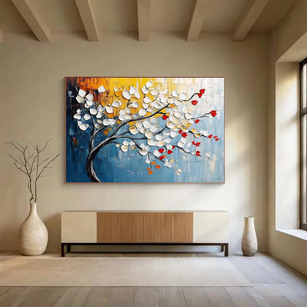 “Textured Blossom Branch” - White, Red, Yellow, Blue - Impasto Floral Branch - Acrylic Painting HB1330