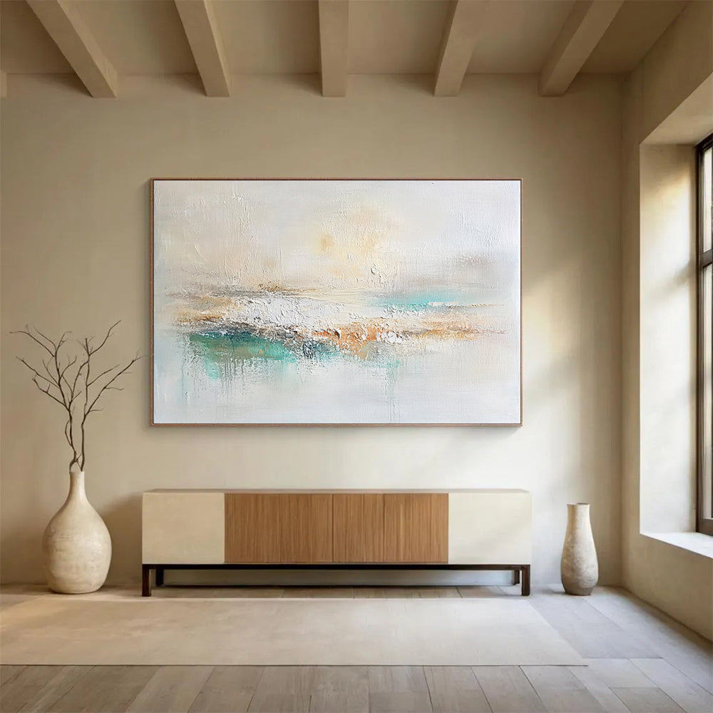 “Soft Neutral Abstract Landscape” - Beige, White, Teal, Gentle Textured Painting On Canvas HB1004