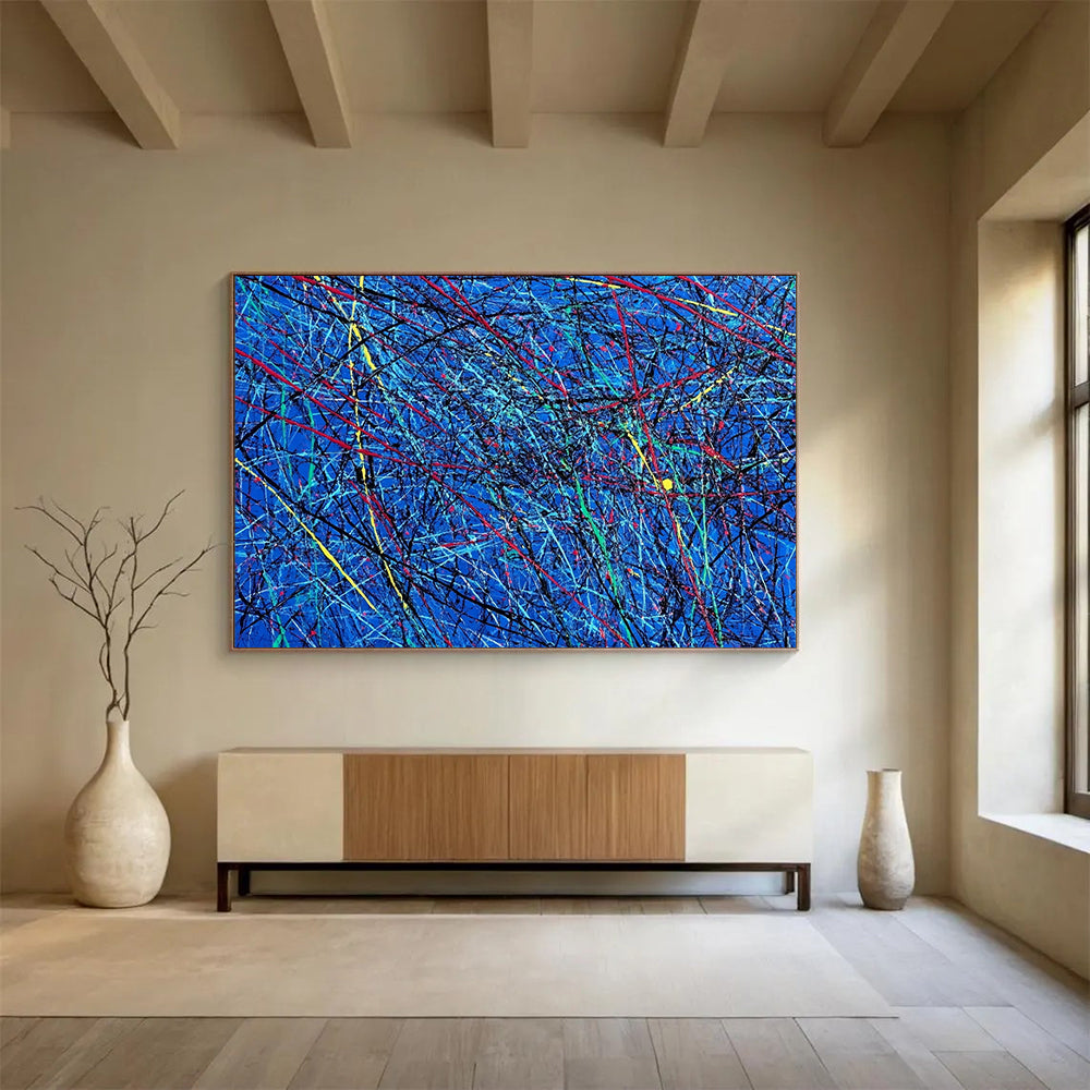 “Blue Abstract with Colorful Tangled Lines” - Blue, Red, Yellow, Green, Tangled Lines Painting On Canvas HB0829