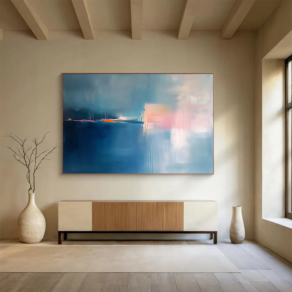 “Soft Blue Abstract Dusk” - Blue, Pink, Orange, Abstract Twilight - Minimalist Oil Painting HB1503