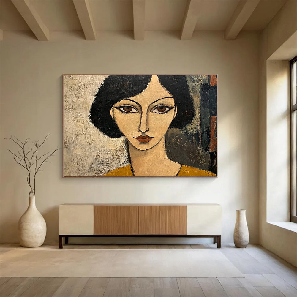 “Stylized Woman’s Portrait” - Black, Beige, Brown, Minimalist Female Face - Cubist - Inspired Acrylic Painting HB1699