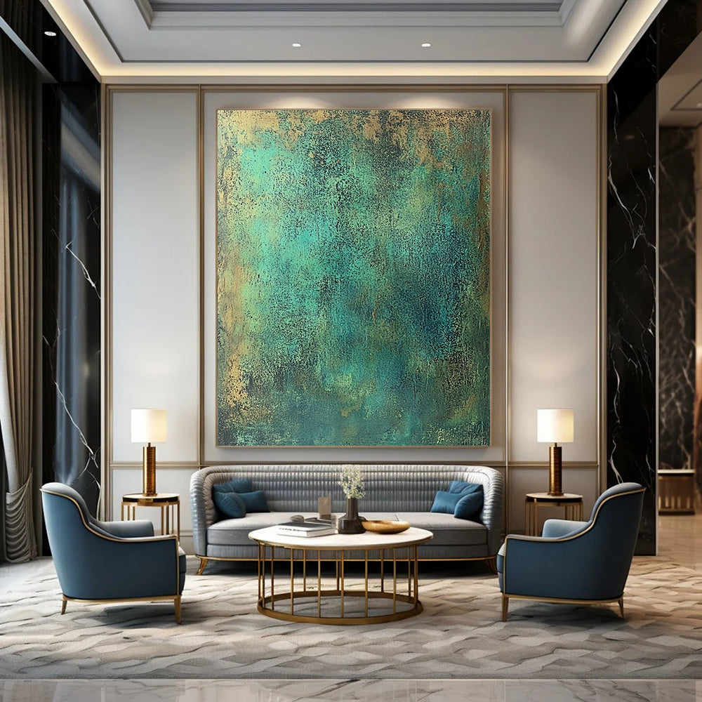 Large contemporary abstract painting featuring textured green metal tones with blue-green and brown speckles evoking strength and history reminiscent of ancient copper armor. DLZ1164