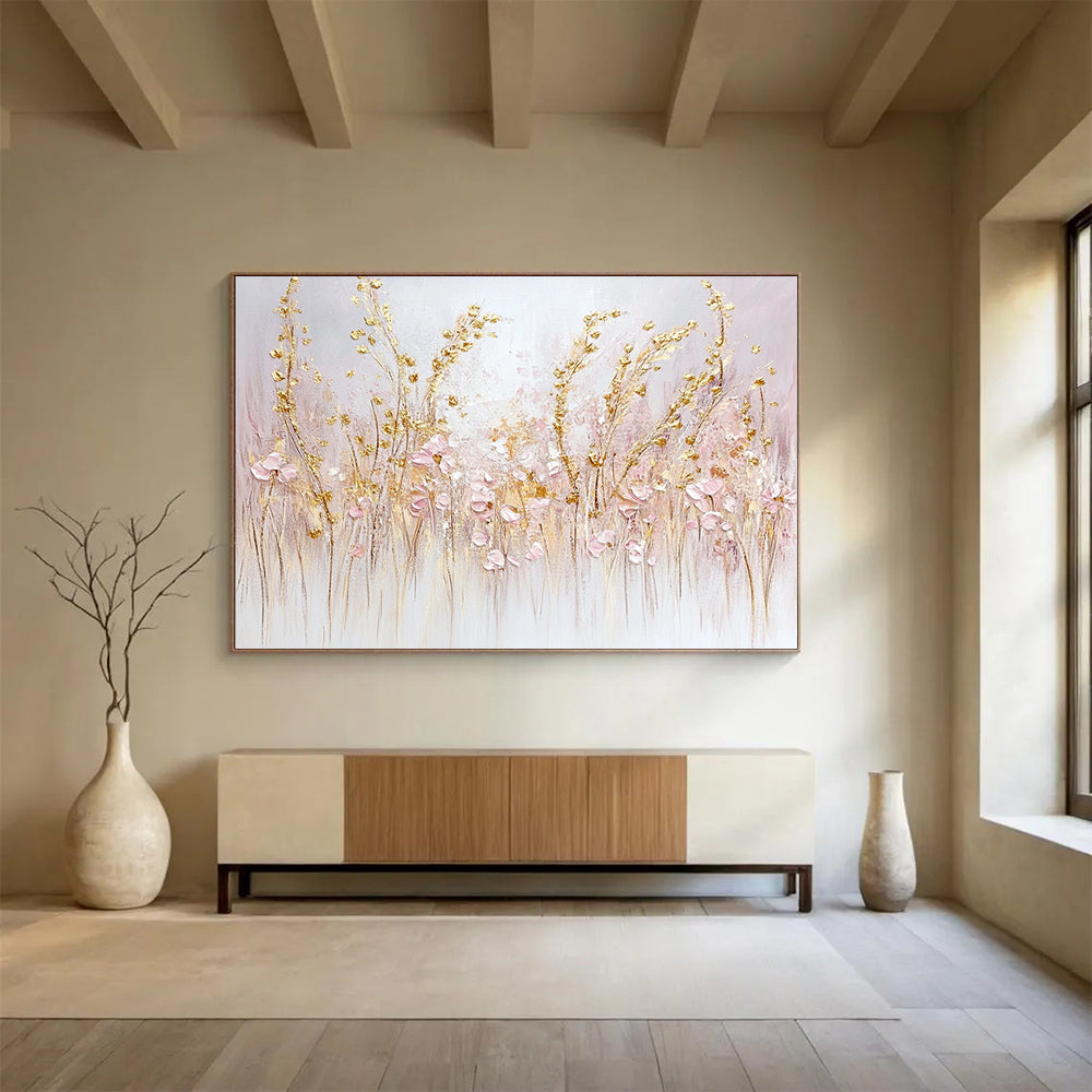 “Elegant Blush & Gold Meadows” - Pink, Gold, White, Delicate Wildflower Fields Painting On Canvas HB1017
