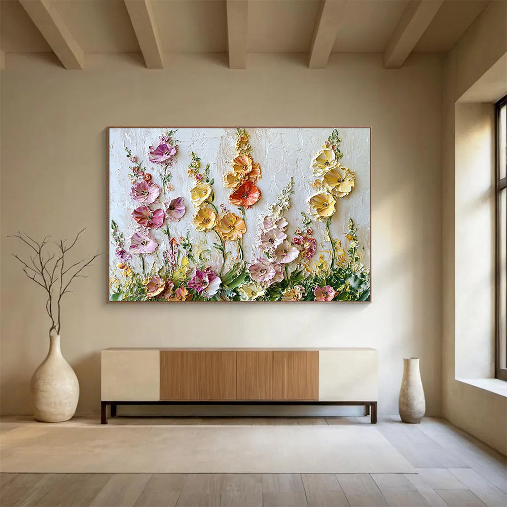 “Textured Floral Burst” - Pinks, Yellows, Purples, 3D Flower Relief - Palette Knife Floral Painting HB1558