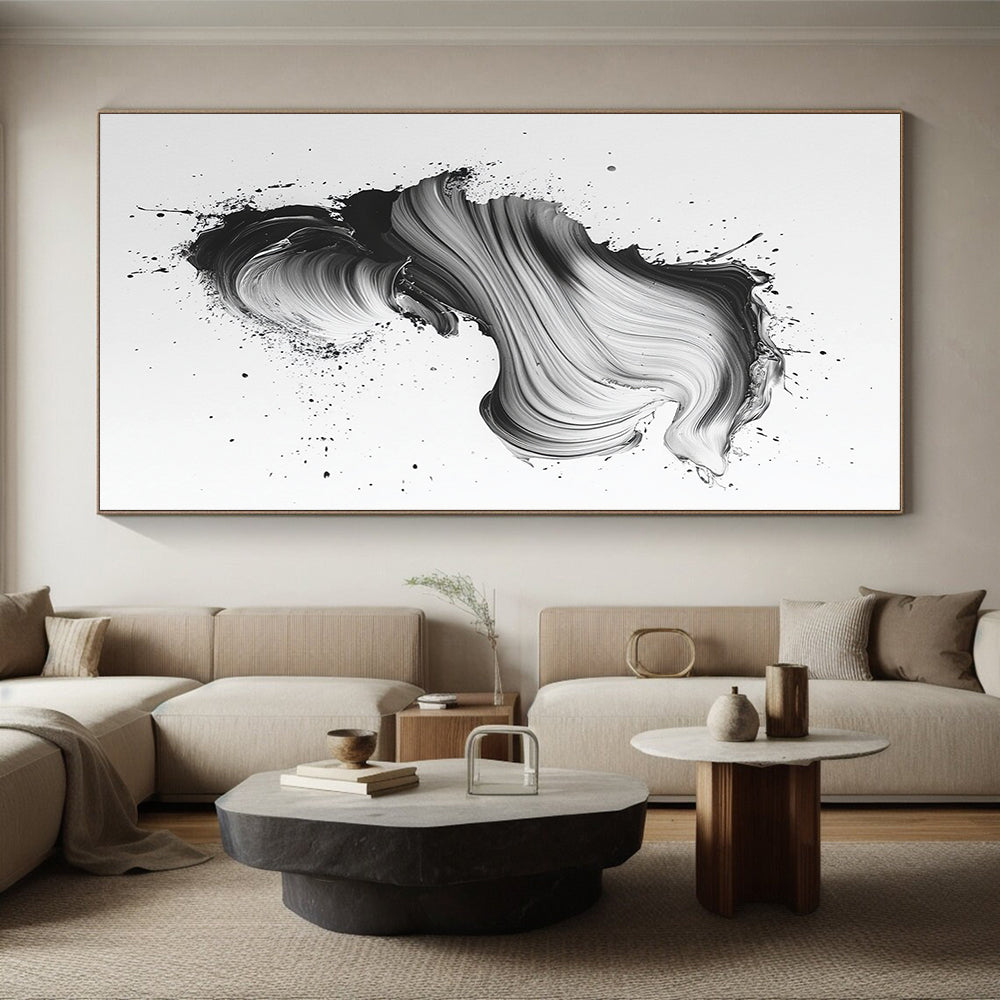 Black & Gray Swirled Brushstrokes on White - “Textured Ink Flow” Painting On Canvas HB220