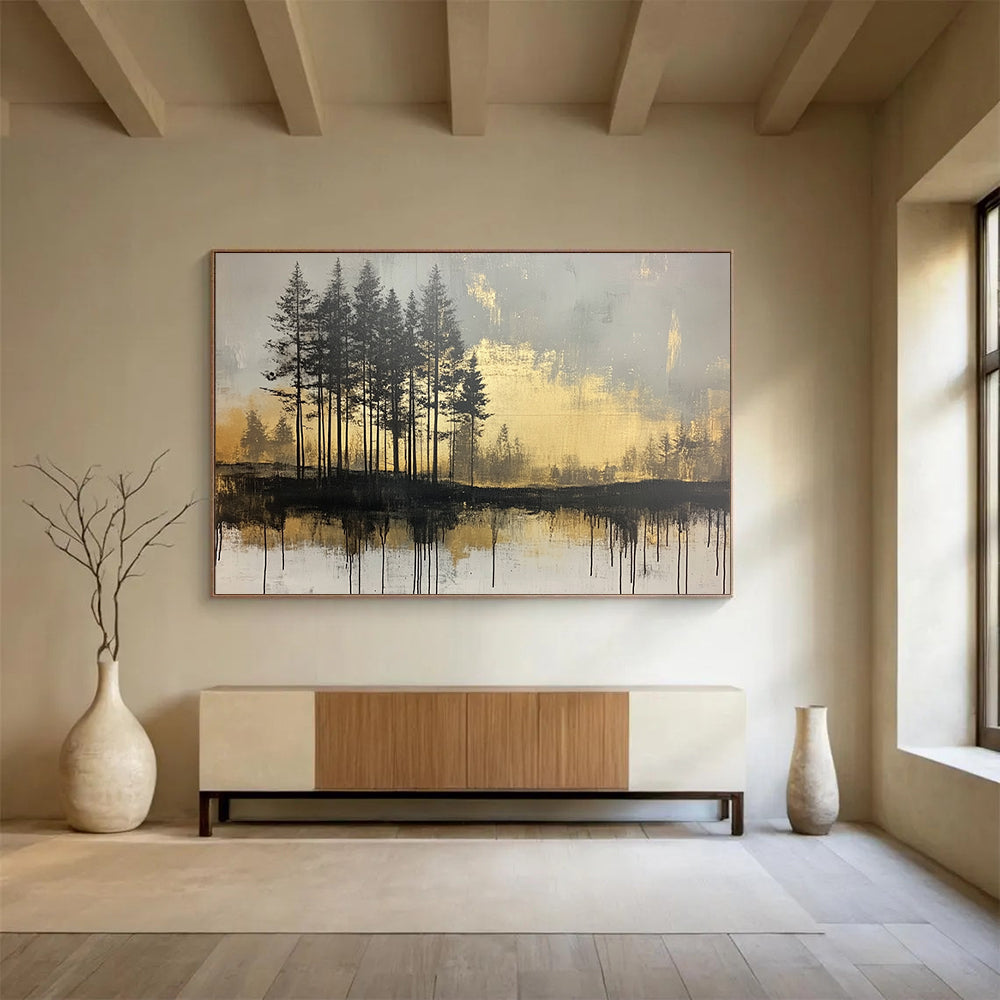 “Golden Forest Reflection” - Black, Gold, Gray, Silhouetted Trees and Reflective Water Painting On Canvas HB0948