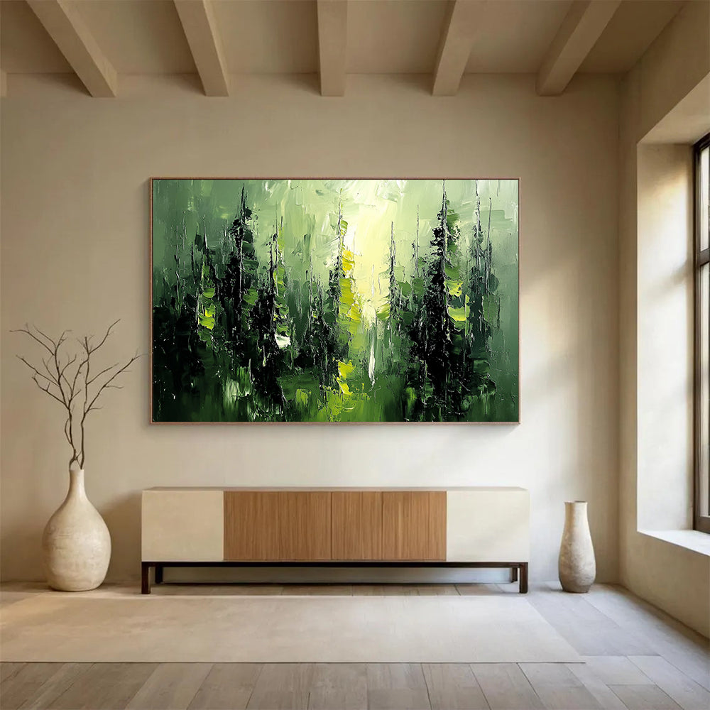 “Green Forest Impasto” - Green, Black, Abstract Trees - Textured Oil Painting HB1486
