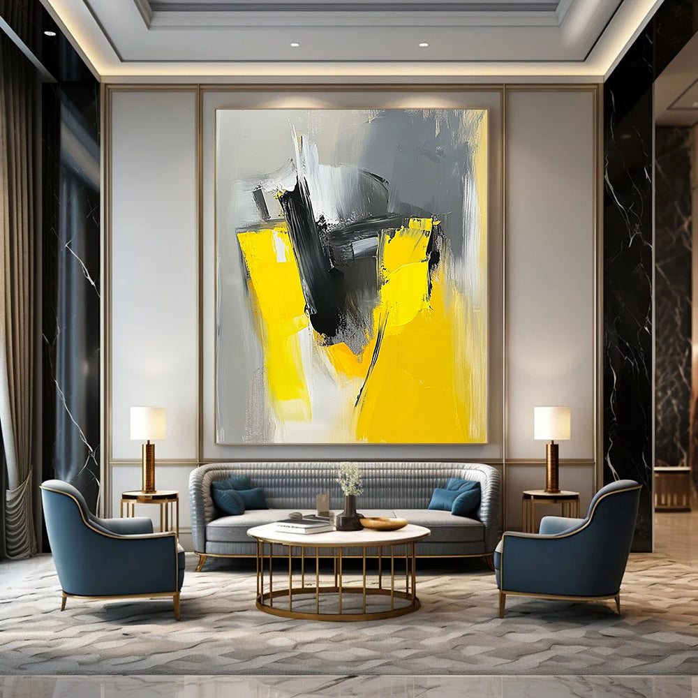 Large contemporary hand-painted abstract artwork featuring loose brush strokes in a striking gray and yellow color palette. DLZ0863