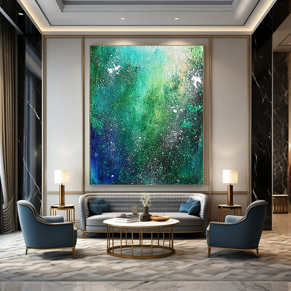Contemporary hand-painted abstract artwork featuring emerald green and blue, depicting the Milky Way with textured white star speckles and dark teal foliage. DLZ0347