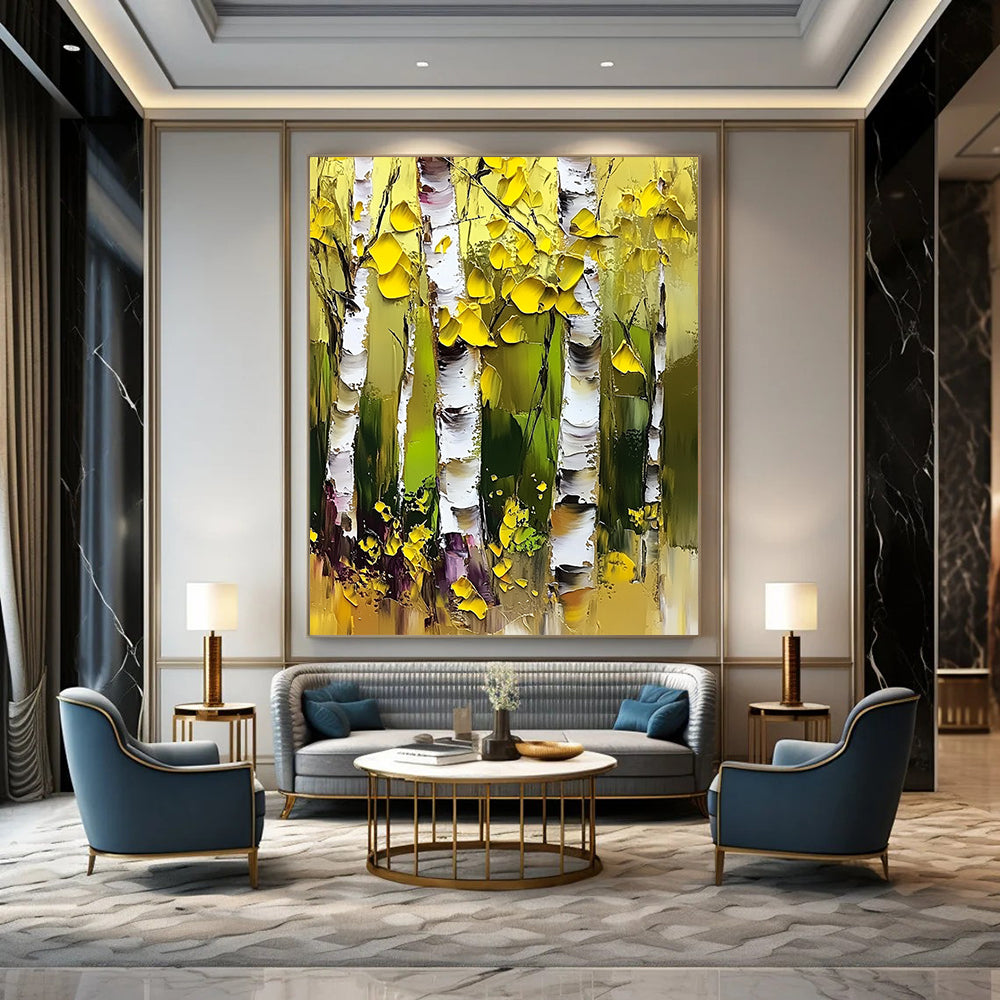 Contemporary abstract artwork featuring vibrant birch trees with thick brushstrokes, palette knife technique, and bright yellow and green foliage against striking white bark. DLZ1105