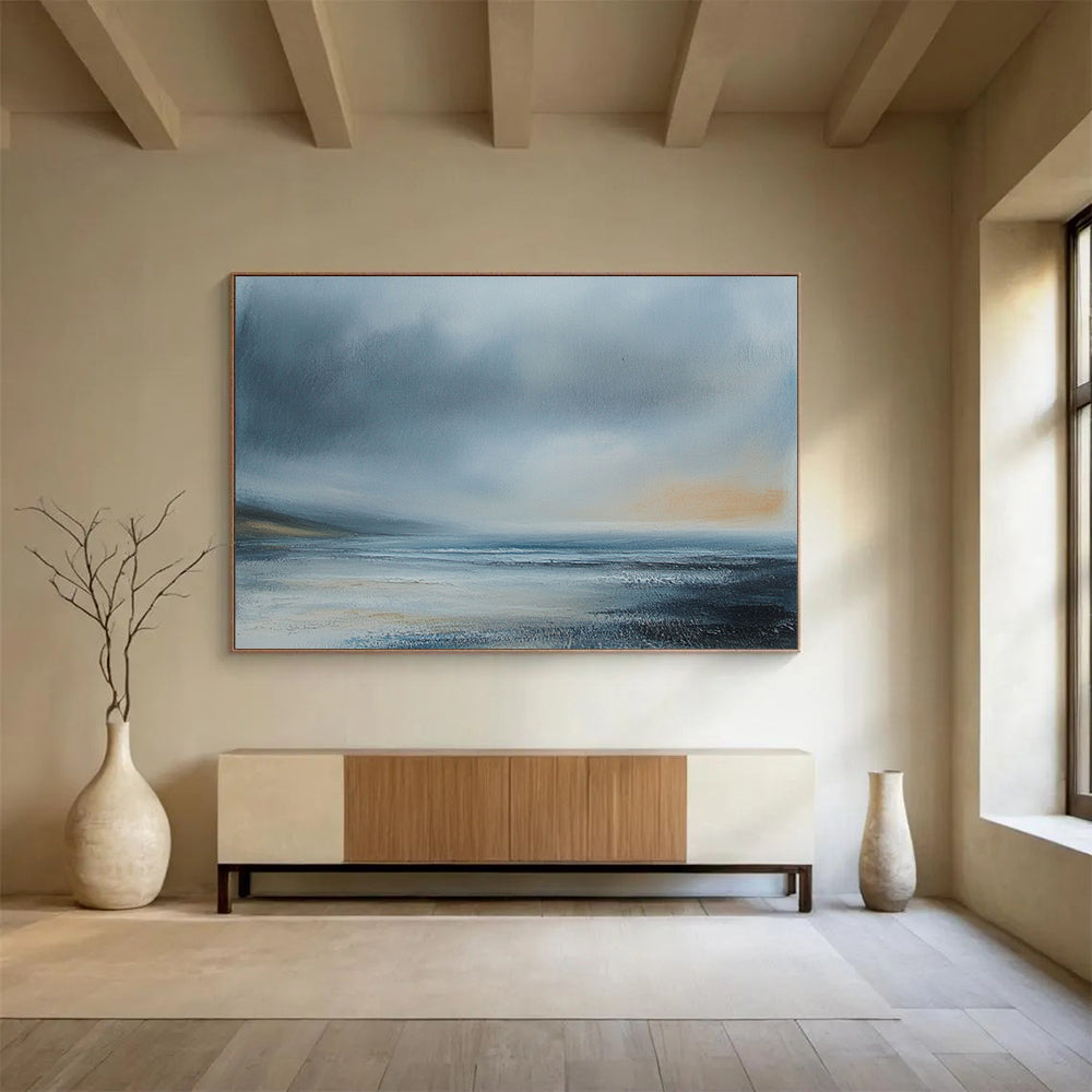 “Misty Coastal Landscape” - Gray, Blue, Subtle Orange, Atmospheric Seascape Painting On Canvas HB1008