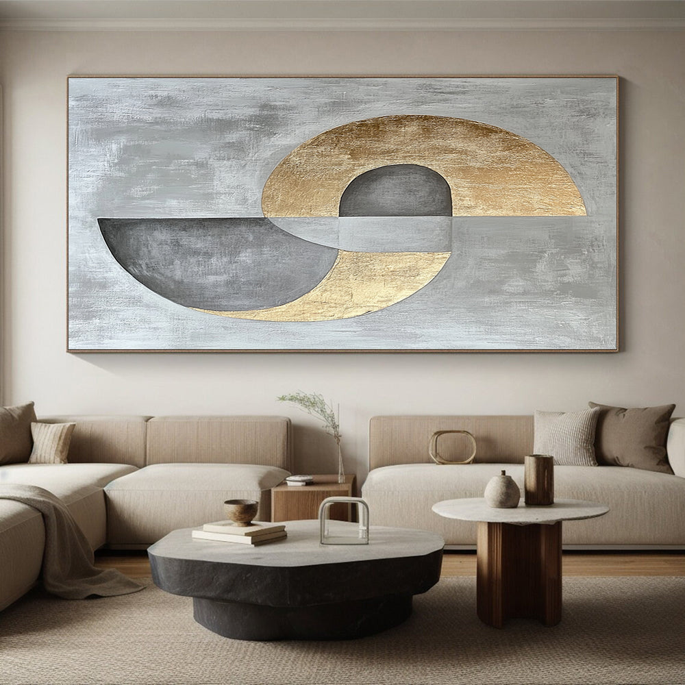 Gray, Silver and Gold Geometric Abstraction "Harmonious Circles" Painting On Canvas HB398