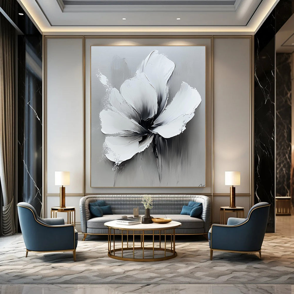 Contemporary abstract oil painting featuring bold white flowers and a high contrast black and gray palette on a neutral background. DLZ0827