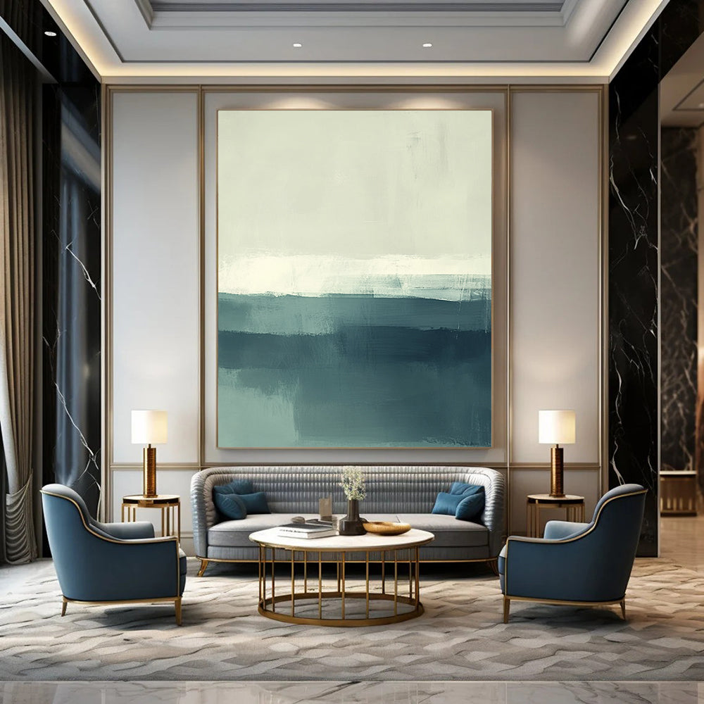 Contemporary hand-painted abstract artwork of the sea featuring soft muted teal and green tones with white accents. Perfect for modern spaces. DLZ0431