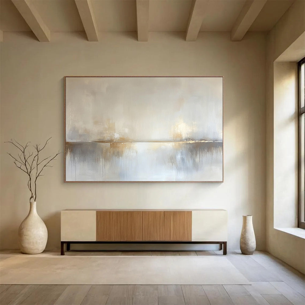 “Dreamy Horizon Reflection” - Pale beige, soft gray, white, Abstract Landscape Painting On Canvas HB0613