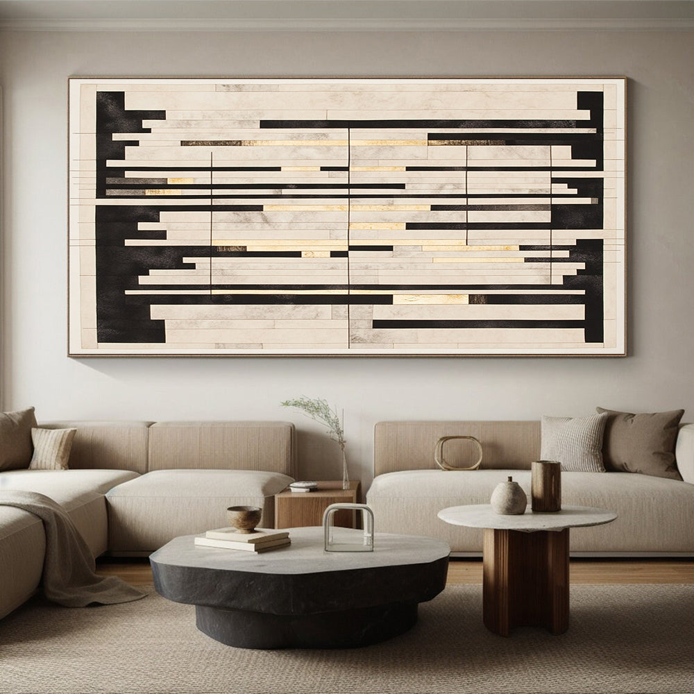 Black, White, Gray, Gold, Vertical Rectangles "Gilded Grid Symphony" Abstract Constructivist - Inspired Painting On Canvas HB121