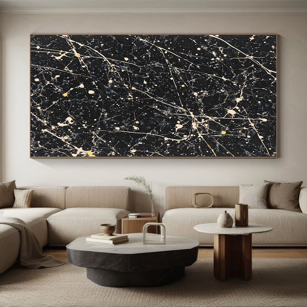 Black, White, Yellow, Marbled Patterns "Starry Night Marble" Abstract Modernist Painting On Canvas HB049