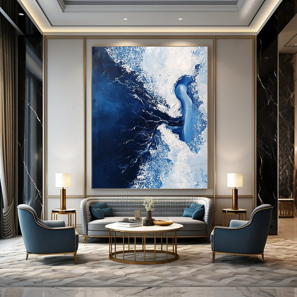 Contemporary abstract painting features a dark blue sea with white foam and an ice woman submerged within flowing water in minimalist style. DLZ0649