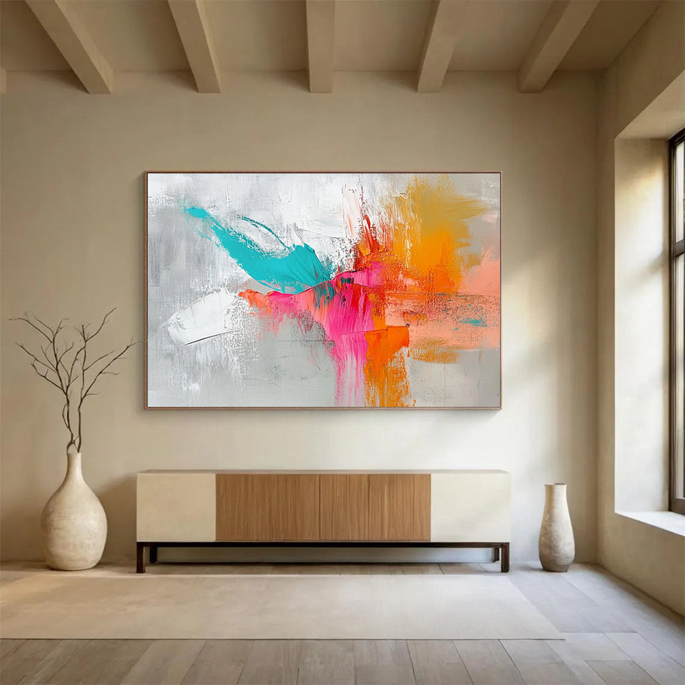 “Vibrant Color Clash” - Gray, teal, pink, orange; Dynamic abstract color strokes; Impasto Acrylic Painting On Canvas HB1206