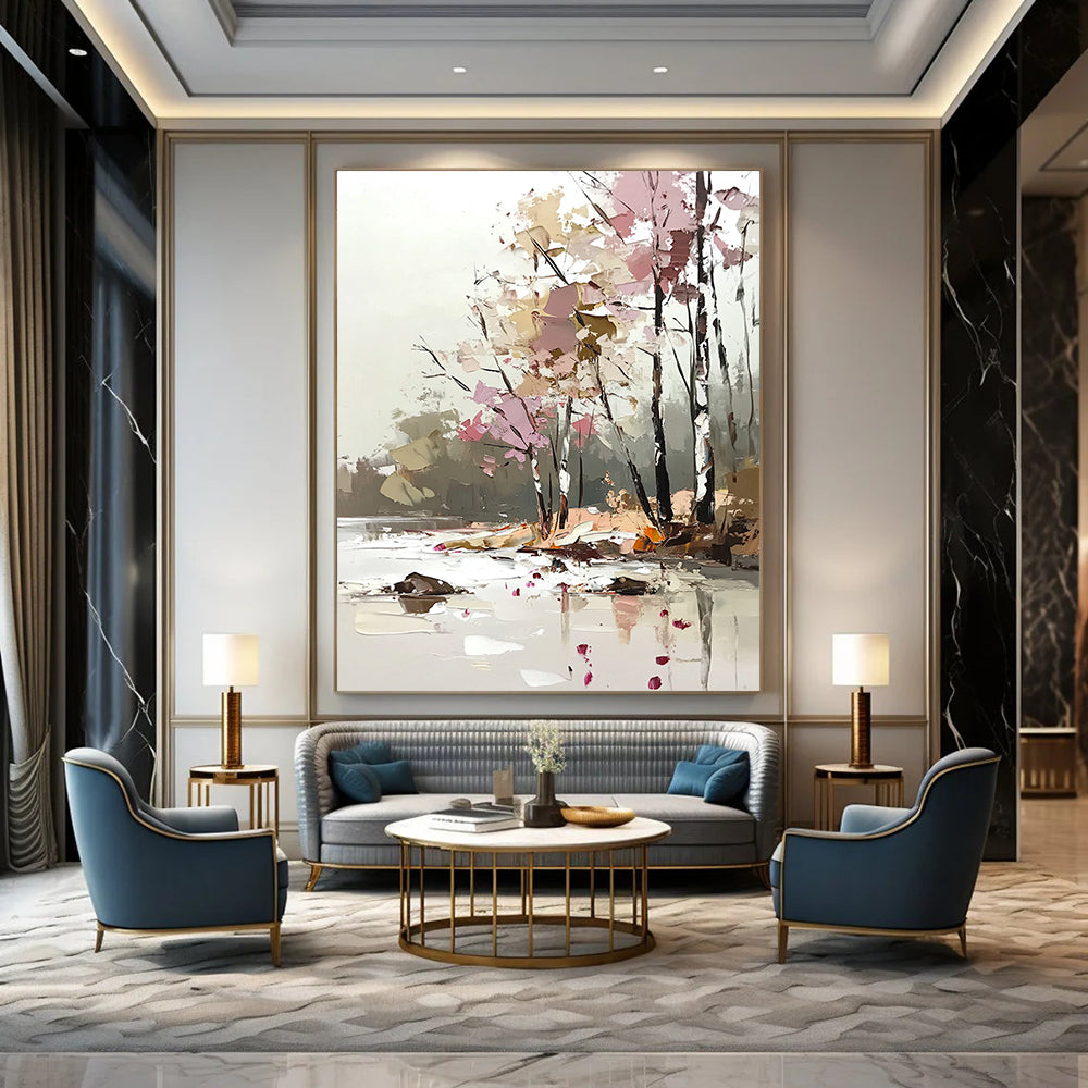 Contemporary abstract art features a soft palette knife technique with light pink and beige tones, showcasing trees by the river in a dreamy, blurred style. DLZ1113