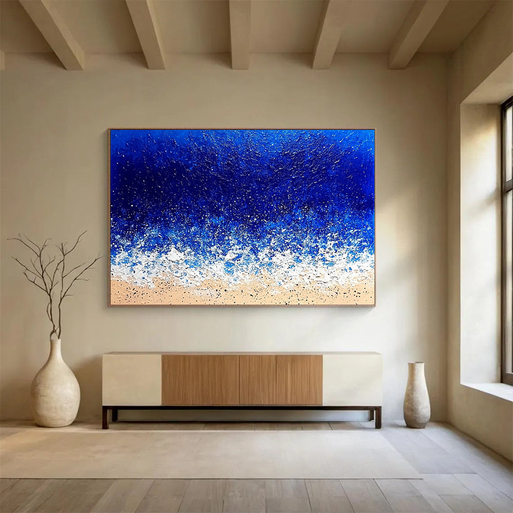 “Textured Ocean Waves” - Deep blues, whites, beiges; Impasto waves crashing on a sandy beach; Palette Knife Acrylic Painting On Canvas HB1184