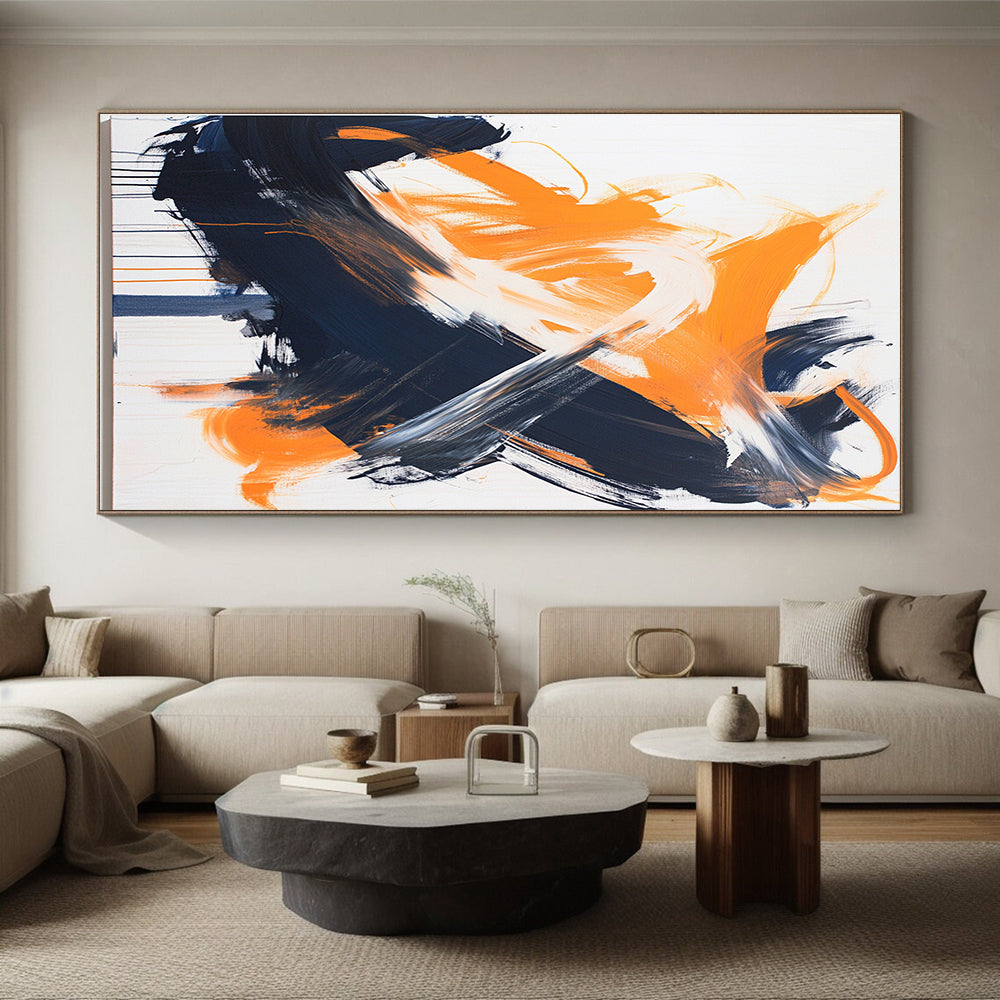 White, Orange, Black, Gray, Bold Brushstrokes "Fiery Clash" Abstract Expressionist Painting On Canvas HB056
