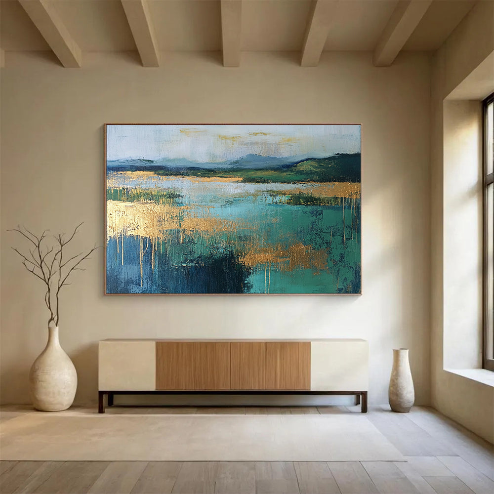 “Gold - Accented Lake Scene” - Blue, Green, Gold, Abstract Lake Landscape Painting On Canvas HB0990
