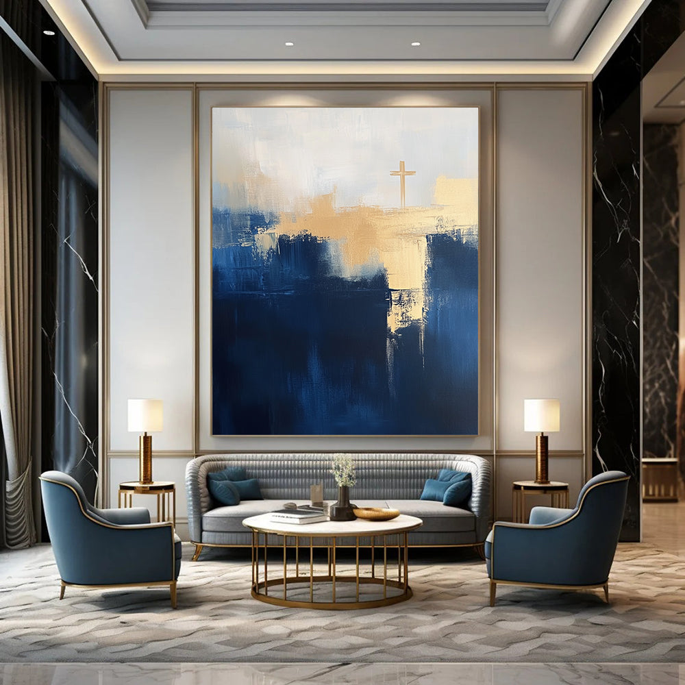 Contemporary abstract painting featuring navy blue and light beige tones with large brush strokes and a minimalist cityscape design emphasizing depth and negative space. DLZ0714