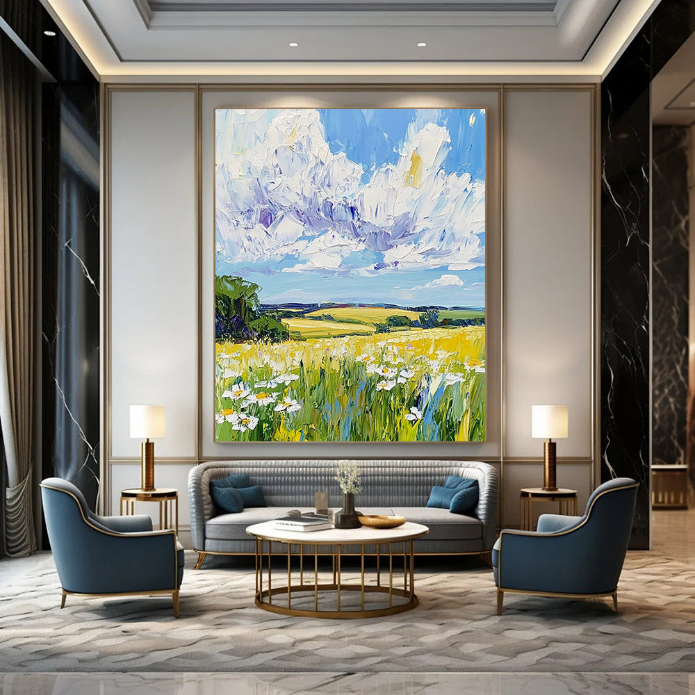 Contemporary abstract painting features vibrant fields and daisies under a blue sky, showcasing dynamic impasto brush strokes in a captivating landscape. DLZ1286