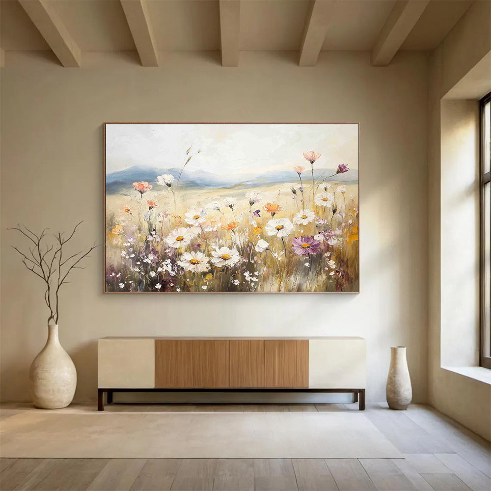 “Pastel Wildflower Field” - Soft - hued wildflowers in a meadow, Impressionist Landscape Painting On Canvas HB0546