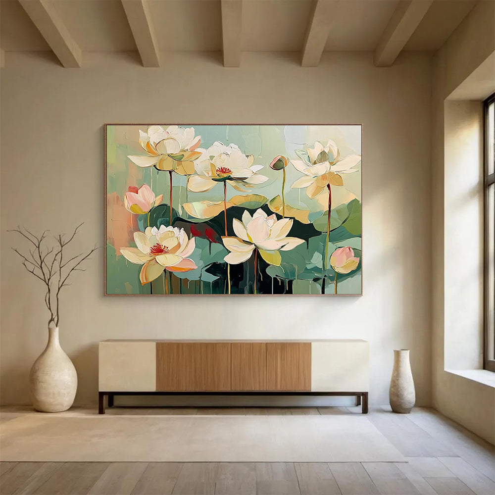 “Textured White Lotus Flowers” - White, Green, Pink, Layered Lotus Blooms - Impasto Acrylic Painting HB1651