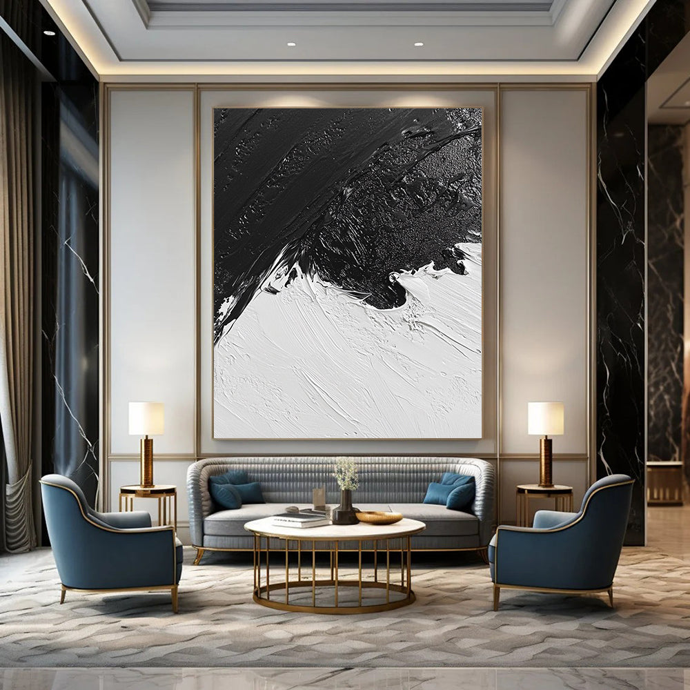 Contemporary abstract oil painting features a snowy landscape in black and white inspired by classic artistry, capturing a unique aerial perspective. DLZ0298
