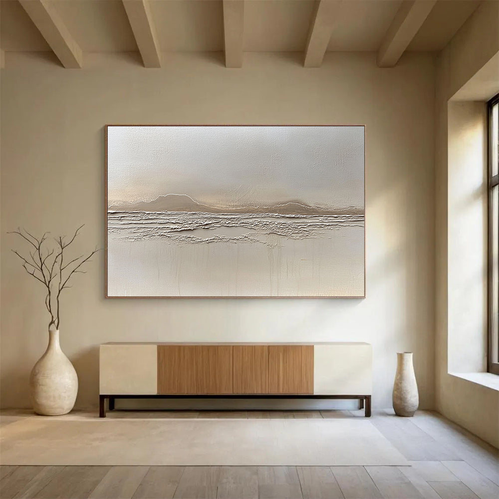 “Textured Beige Landscape Relief” - Beige, Textured Mountain & Sea Painting On Canvas HB0790