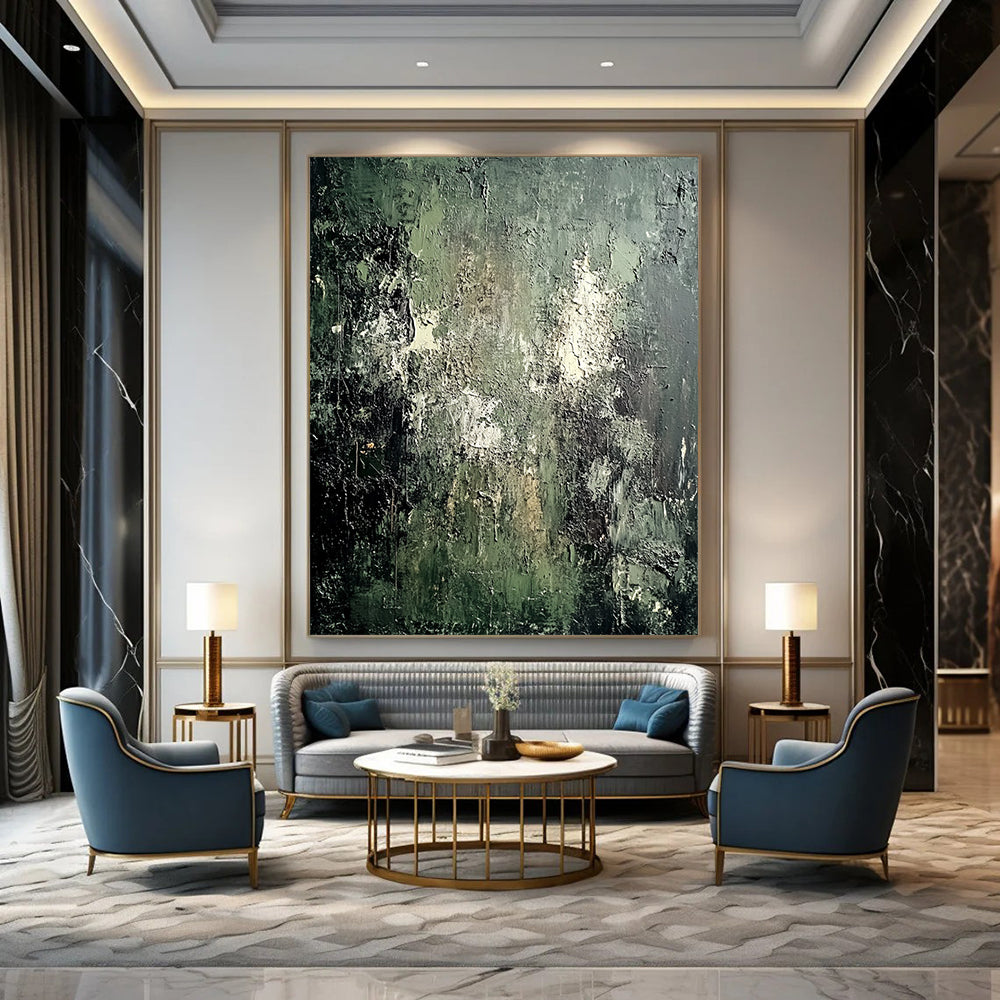 Contemporary hand-painted abstract artwork featuring a textured mossy green wall with peeling paint and a contrasting dark gray background. DLZ0582