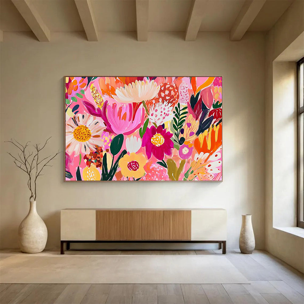“Pink - Hued Floral Carnival” - Bright Pinks, Oranges, Yellows, Playful Flower Explosion - Contemporary Acrylic Painting HB1725
