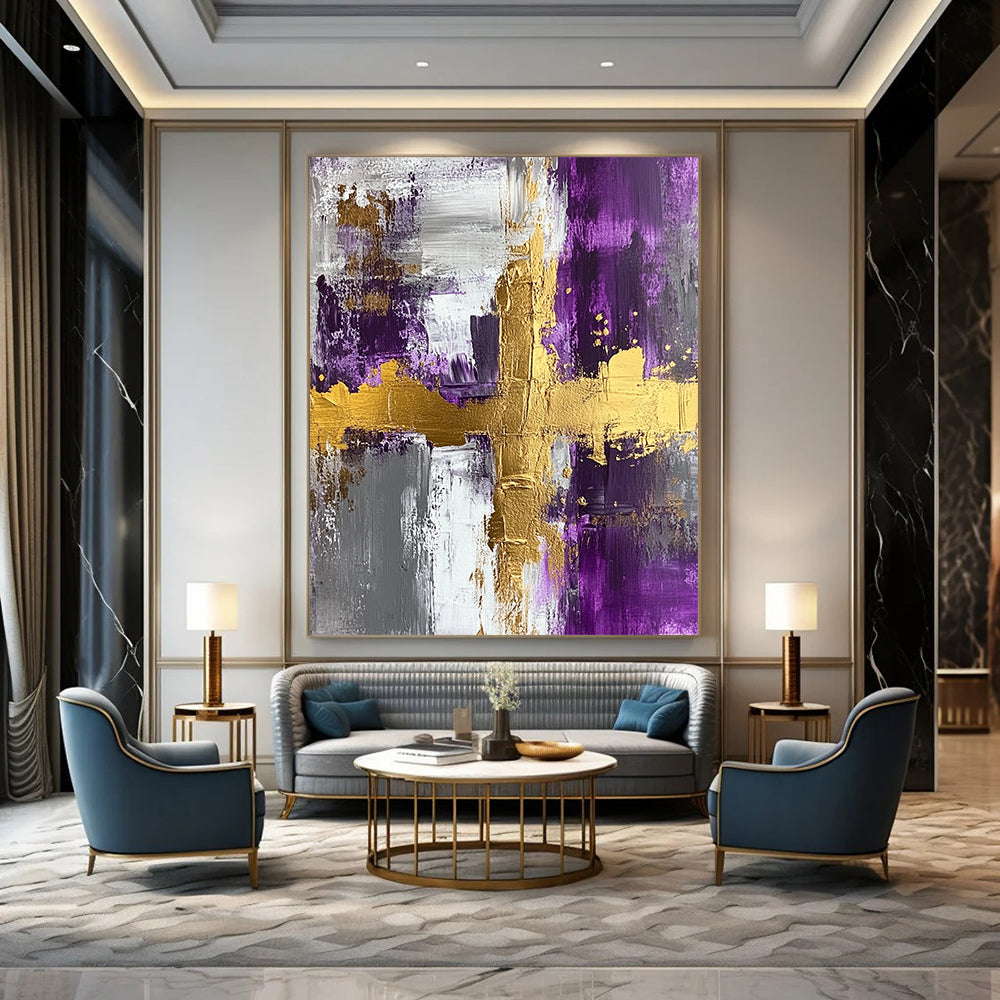 Contemporary painted abstract art features acrylic on textured canvas with gold foil accents in purple and grey, highlighted by a central cross shape. DLZ0276