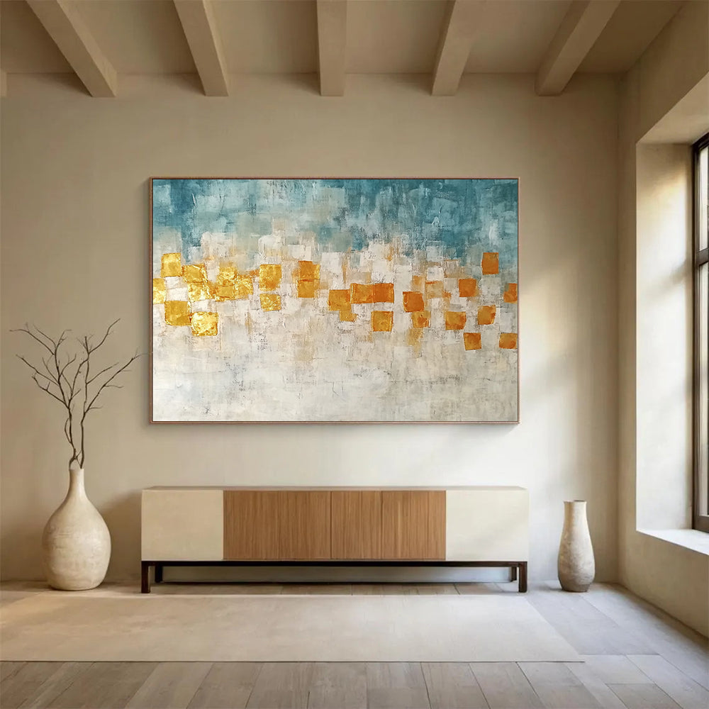 “Golden Squares” - Blue, Gold, White, Abstract Geometric Squares Painting On Canvas HB1048